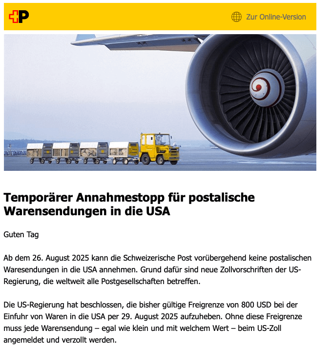 明日から、スイスポストは米国向けのパッケージを受け入れていません