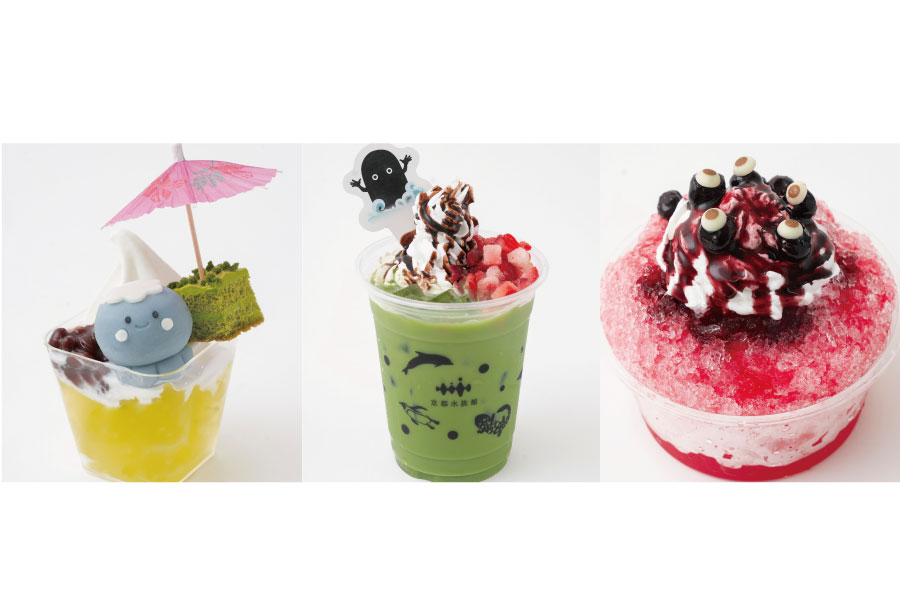 京都水族館の期間限定スイーツ（左から）「ひんやりクラゲの和スイーツ」「抹茶海坊主ラテ～ストロベリーを添えて～」「ギョロっとブルーベリーかき氷」