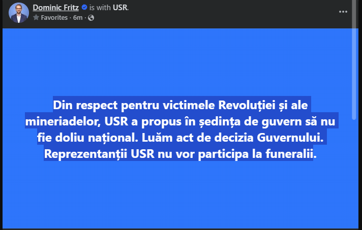 USRは、政府会議で国民の喪ではないことを提案しました。 USRの代表者は葬儀に参加しません。