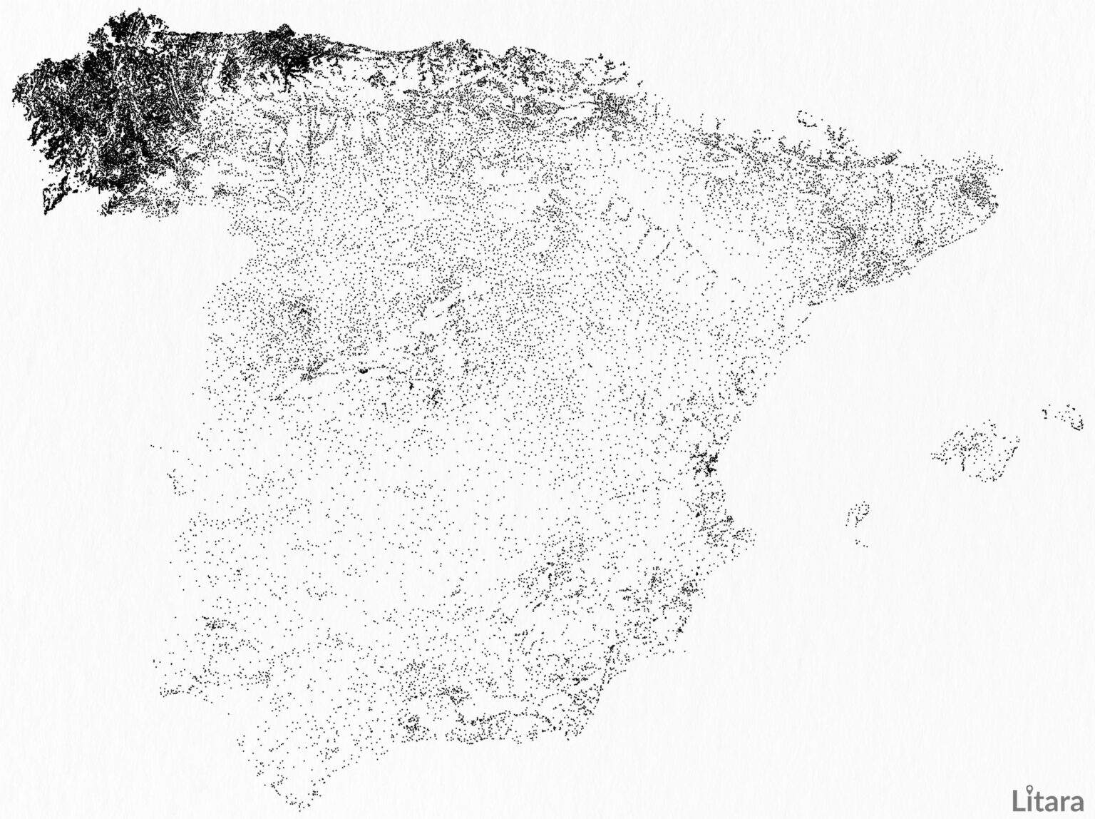 [OC] 私はスペインのヨーロッパの地域の52,323の人口型の場所を視覚化し、誤って見事な人口統計現象を発見しました。