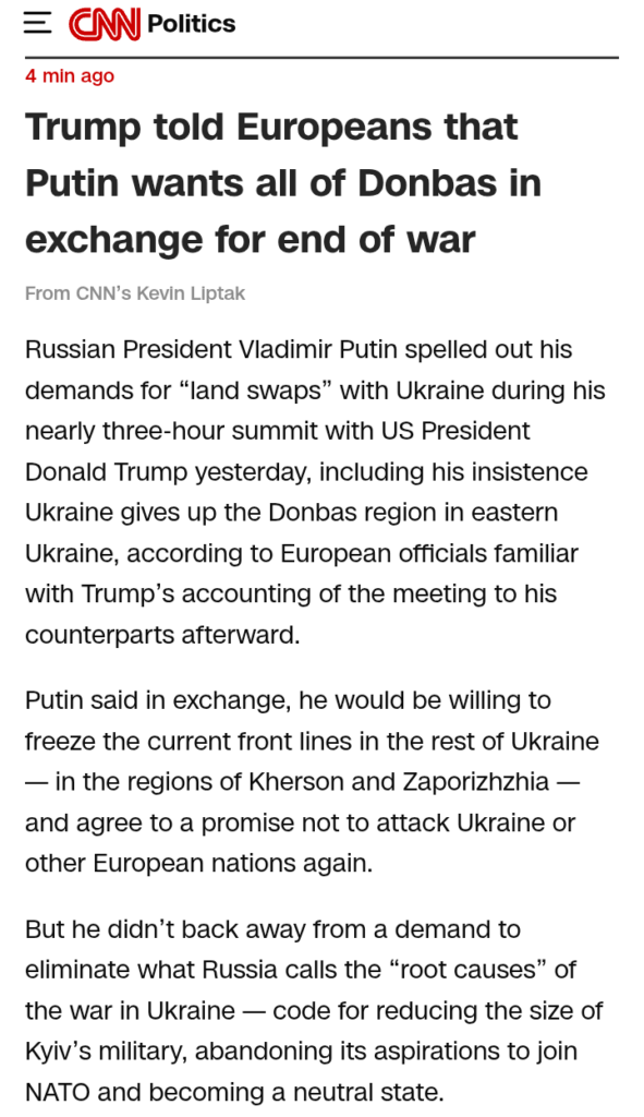 破壊：トランプはヨーロッパ人に、プーチン大統領は戦争の終わりと引き換えにドンバス全員を望んでいると言った