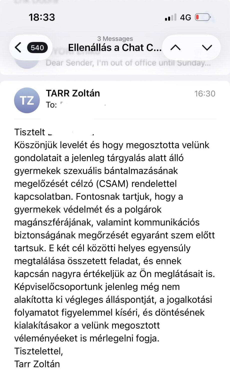 私はChatControlのすべてのハンガリーEUSの代表者に手紙を書きました。 ZoltánTarr（Tisza）だけが答えた。