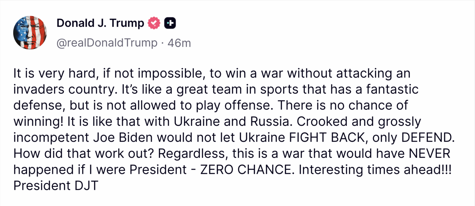 トランプからの非常に興味深い投稿。彼は、おそらくロシア内で攻撃する能力で、米国が再び武器の供給を開始するかもしれないと暗示していますか？