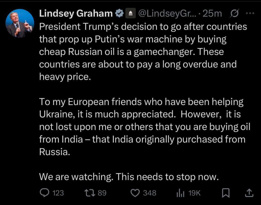 リンジー・グラハム上院議員は、インドからロシアの石油の購入をやめるようヨーロッパに警告している
