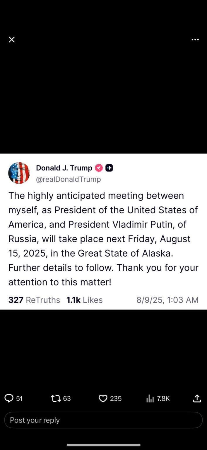 トランプは彼とウラジミールプーチンの間の次の会議を発表します8月15日に…….Alaskaで開催される予定