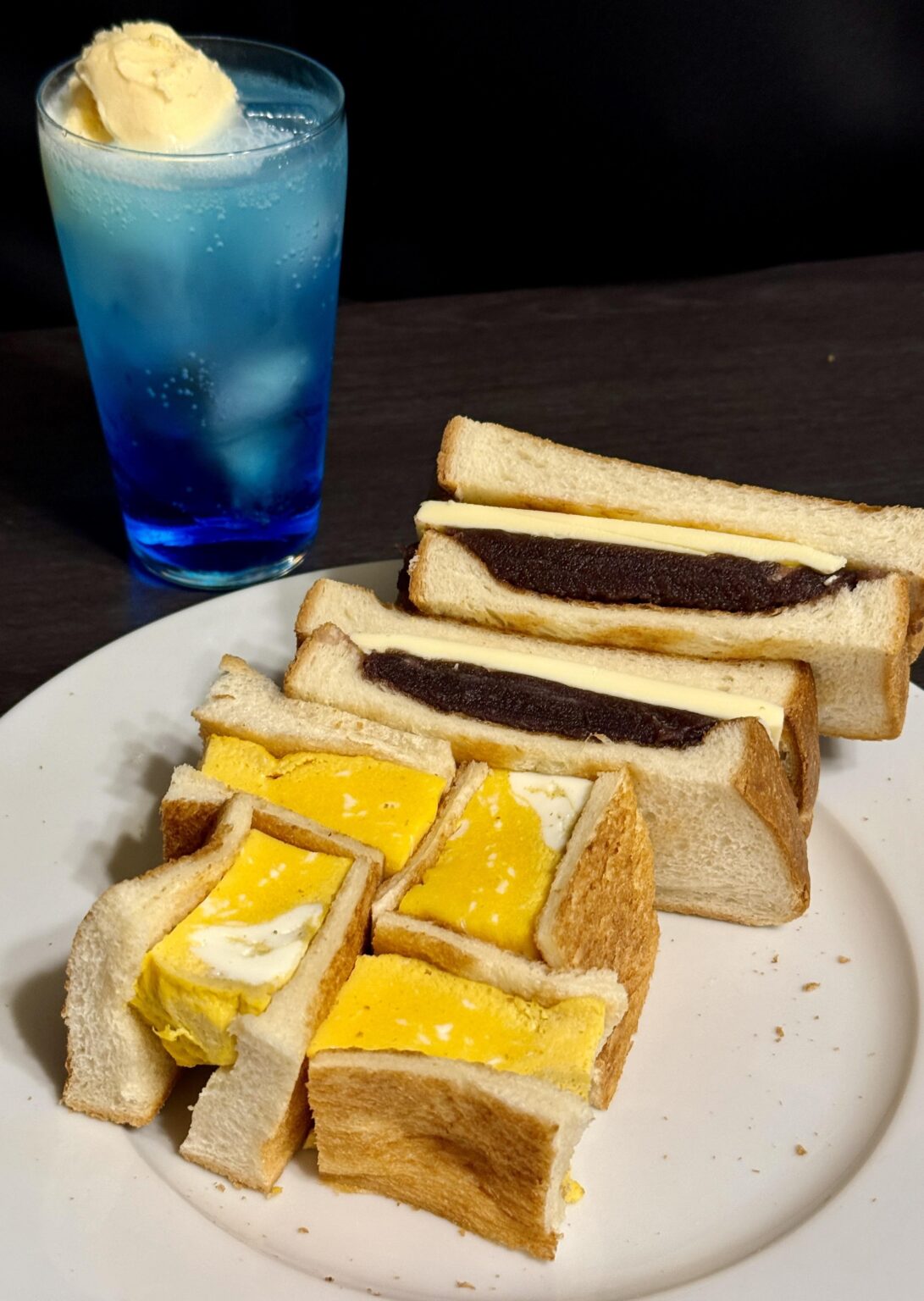 のーもらカフェ部　ドトるないから自分で厚焼き出汁タマゴサンド　あんバターサンド　クリームソーダ（アルコール）
