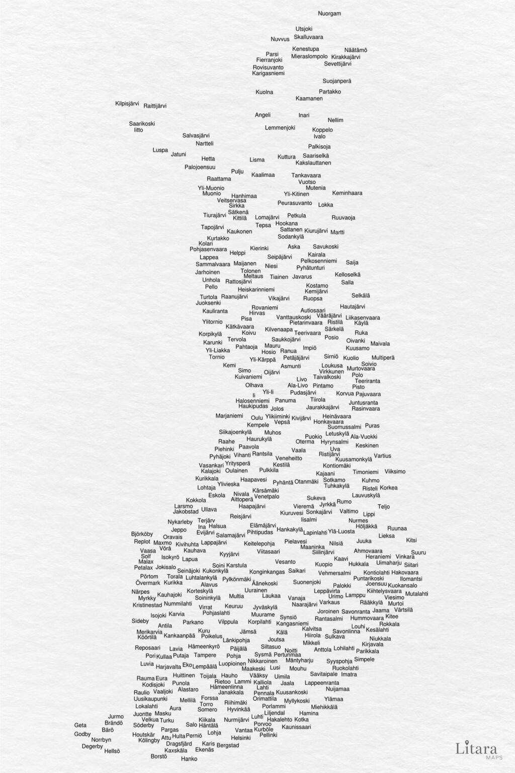[OC] 私はその地域の名前を使用してフィンランドのタイポグラフィマップを作成しました