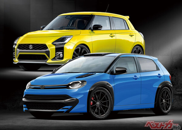 新型スズキ スイフトスポーツ（上）は2026年春､トヨタ GRスターレット（下）は2026年秋のデビューが予想される（ベストカー編集部作成の予想CG）