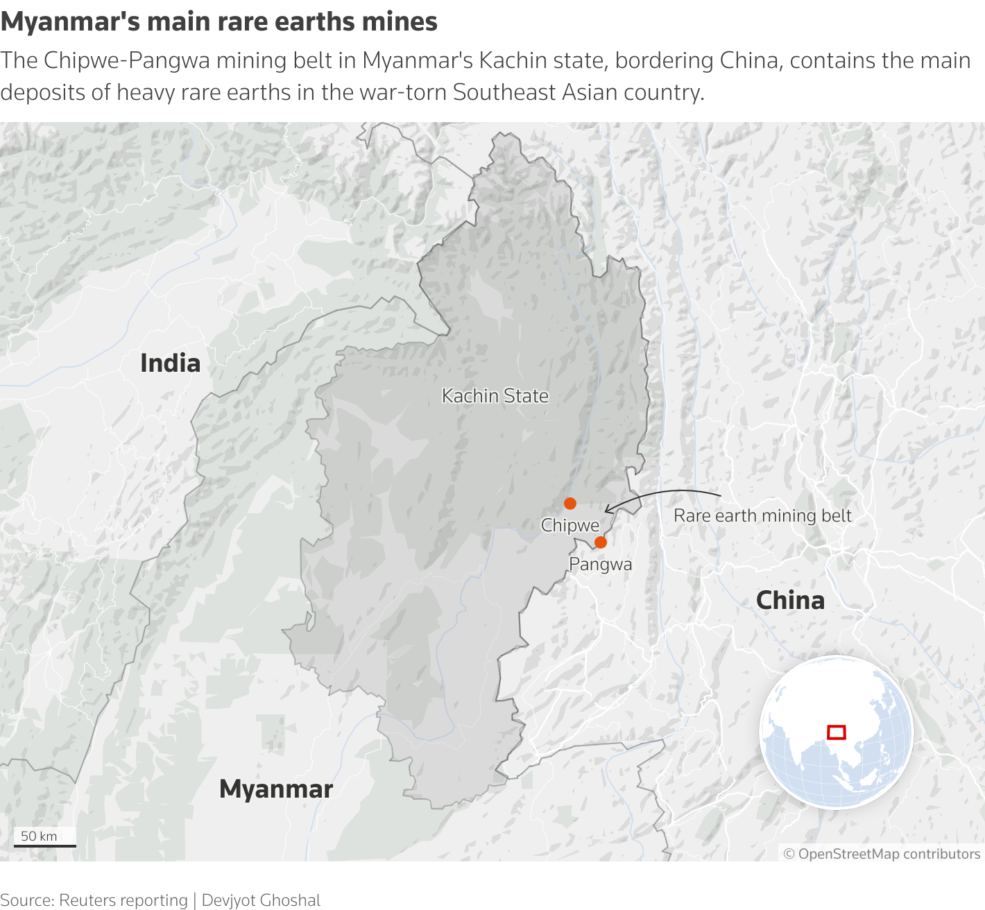 The Chipwe-Pangwa mining belt in Myanmar's Kachin state, bordering China, contains the main deposits of heavy rare earths in the war-torn Southeast Asian country.