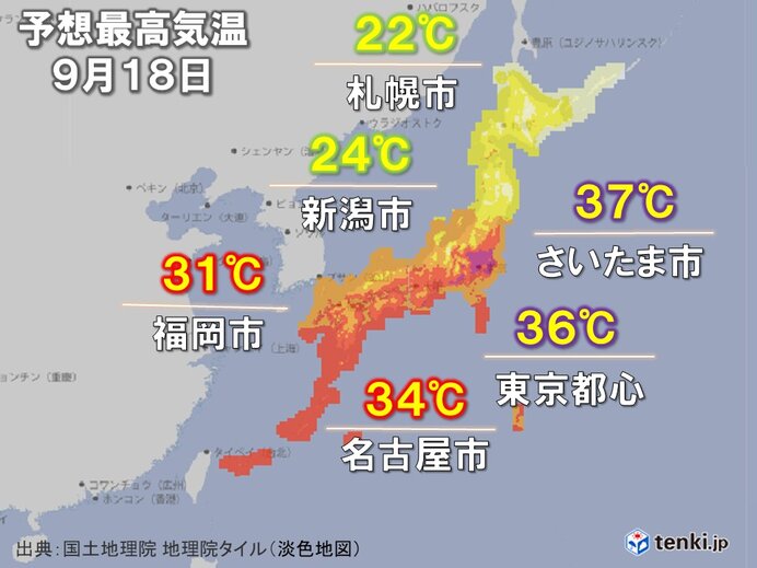 今日18日も関東で異例の残暑　東京都心は最も遅い猛暑日か　北海道～北陸は気温低下
