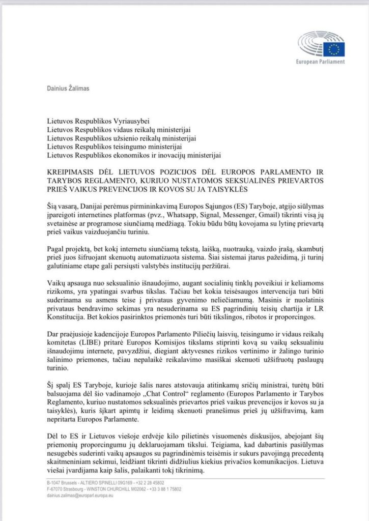 リトアニア共和国のメンバーであるダイニウスからリトアニア共和国政府への手紙は、チャットコントロールの支援に関する質問を受けています。
