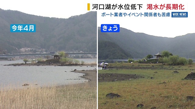 河口湖が水位低下 渇水が長期化 ボート業者やトライアスロン関係者も苦慮 山梨・富士河口湖町（YBS山梨放送） - Yahoo!ニュース