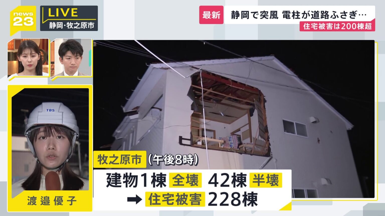 台風15号 列島に爪あと　静岡で“突風”200棟超が被害 「全部壊れた」壁もガラスも布団も吹き飛ぶ　各地で冠水も相次ぐ【news23】（TBS NEWS DIG Powered by JNN）