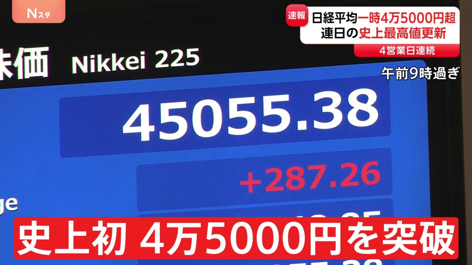 【速報】日経平均株価　4日連続終値としての最高値更新　一時初の4万5000円超も（TBS NEWS DIG Powered by JNN）