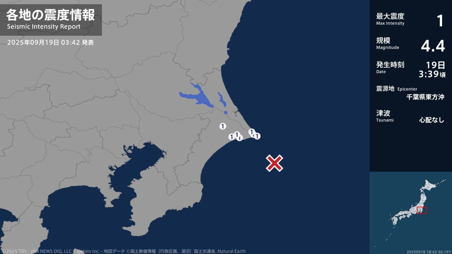 茨城県、千葉県で最大震度1の地震　茨城県・神栖市、千葉県・銚子市、旭市、香取市（TBS NEWS DIG Powered by JNN）