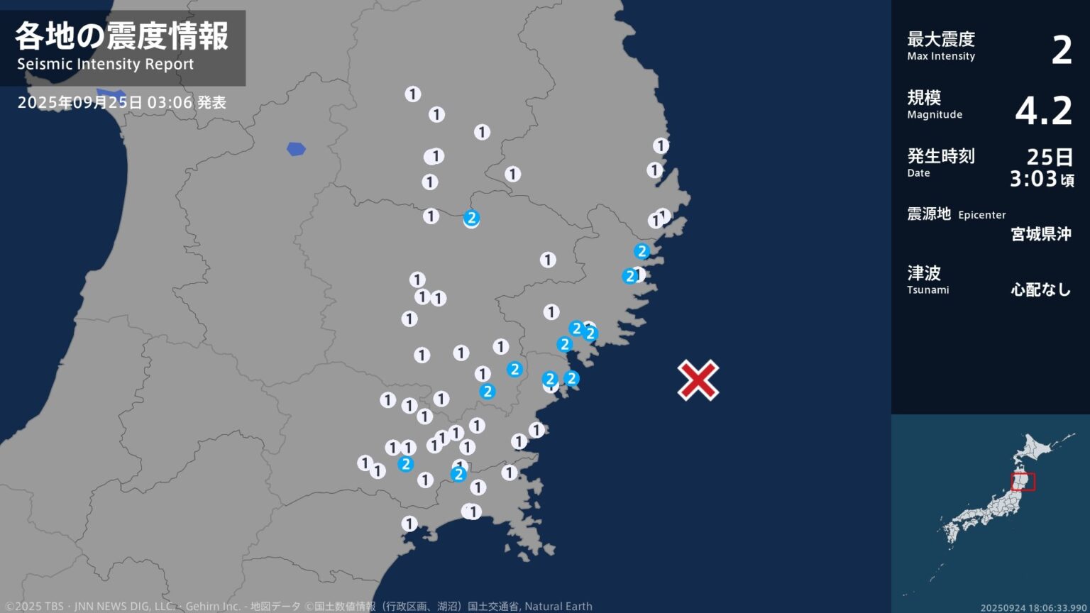 岩手県、宮城県で最大震度2の地震　岩手県・大船渡市、陸前高田市、釜石市、大槌町、花巻市、一関市（TBS NEWS DIG Powered by JNN）