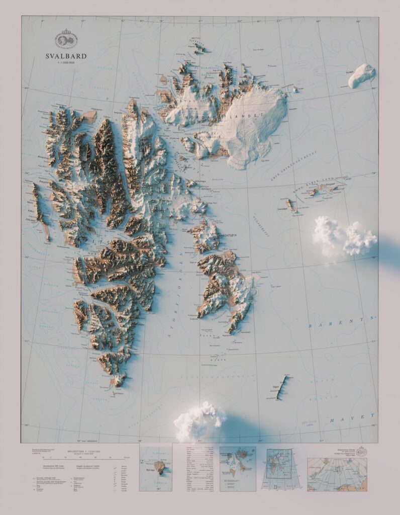 1980 SvalbardのNorsk PolarinStitutマップが最近3Dレンダリングされた最新の標高/地形データでレンダリングされました