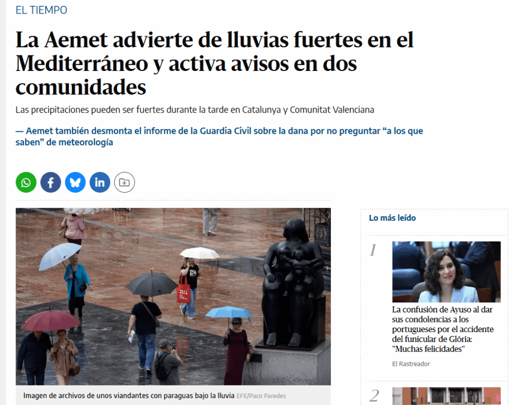 AEMETは、カタルーニャとバレンシアのコミュニティの地中海および積極的な通知における強い雨について警告しています