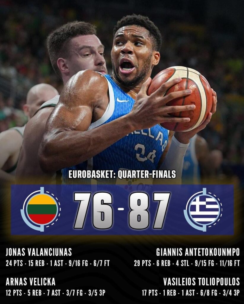 ギリシャはリトアニアを排除し、トルコに対するユーロバスケット準決勝の進歩を遂げます。考え？