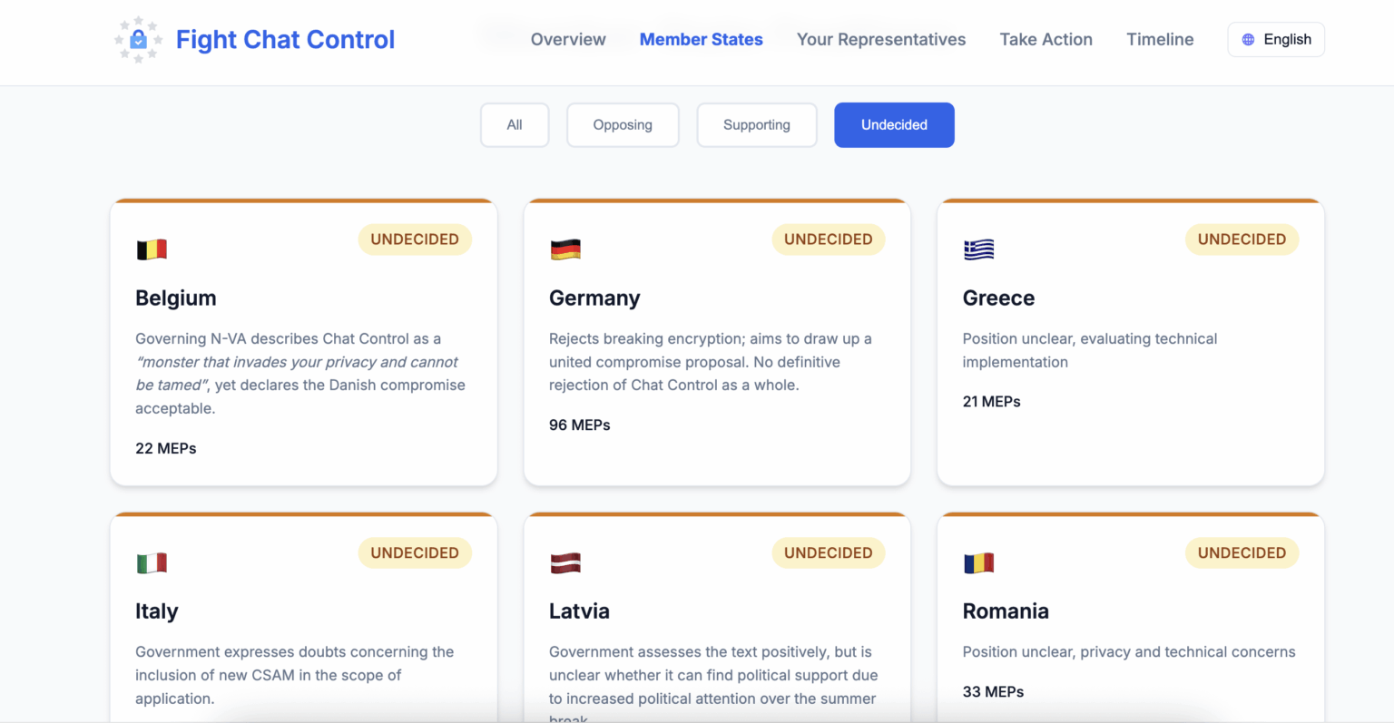 ベルギーは、fightchatcontrol.euのWebサイトで「反対」から「未定」に切り替えます。何故ですか？