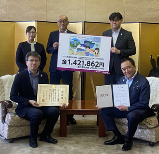 イオンリテール（株）の松本執行役員（左前）と黒岩県知事（右前）