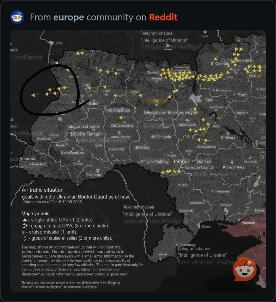 ポーランド上のロシアのドローンの地図