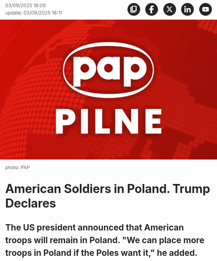 トランプ：「ポーランド人が望むなら、ポーランドにもっと多くの軍隊を置くことができます」