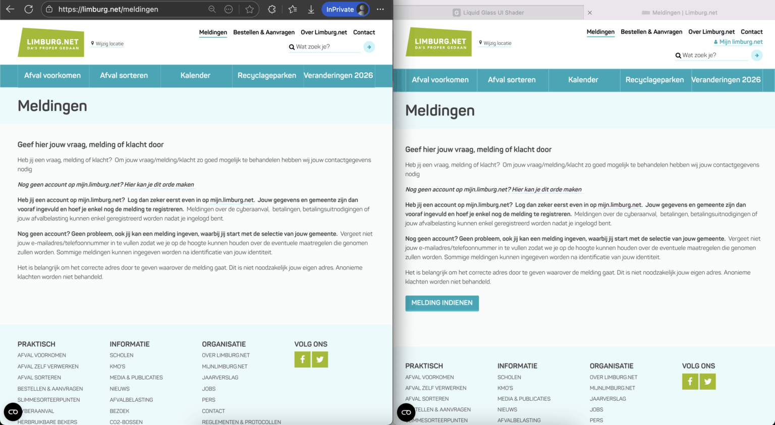 Limburg.net Rant：すべてのCookie（マーケティングのCookieを含む）に同意しない限り、連絡することはできません。 [Left: required cookies only] [Right: consent to all cookies]