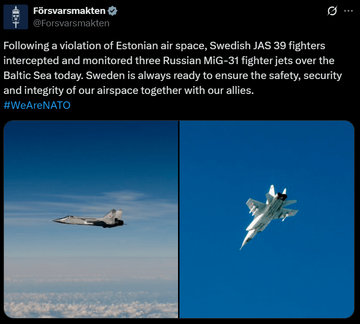 スウェーデン軍がエストニアの空域違反に関してスウェーデン軍が行った統計は、3つのロシアのMIG-31ジェット機による違反