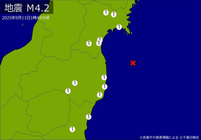 関東・東北で地震　Ｍ４．２　茨城、宮城、福島で揺れ　震源は福島県沖　地震が及んだ地域人口１０８万人