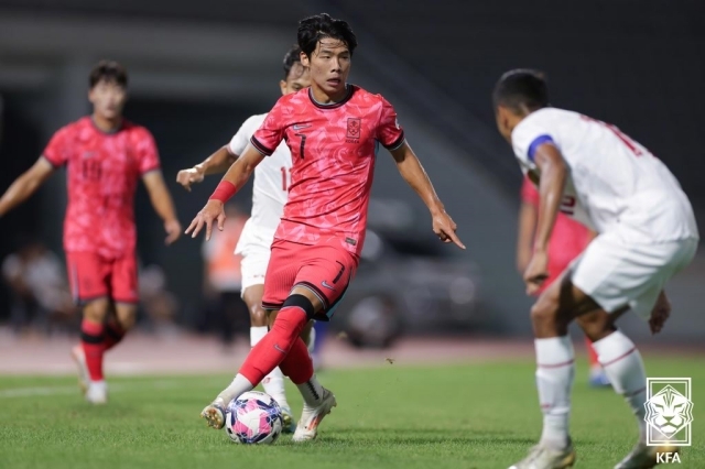 金ミョンジュンの追撃ヘッダゴールは輝いたものの、結果は変わらなかった。 写真=大韓サッカー協会提供