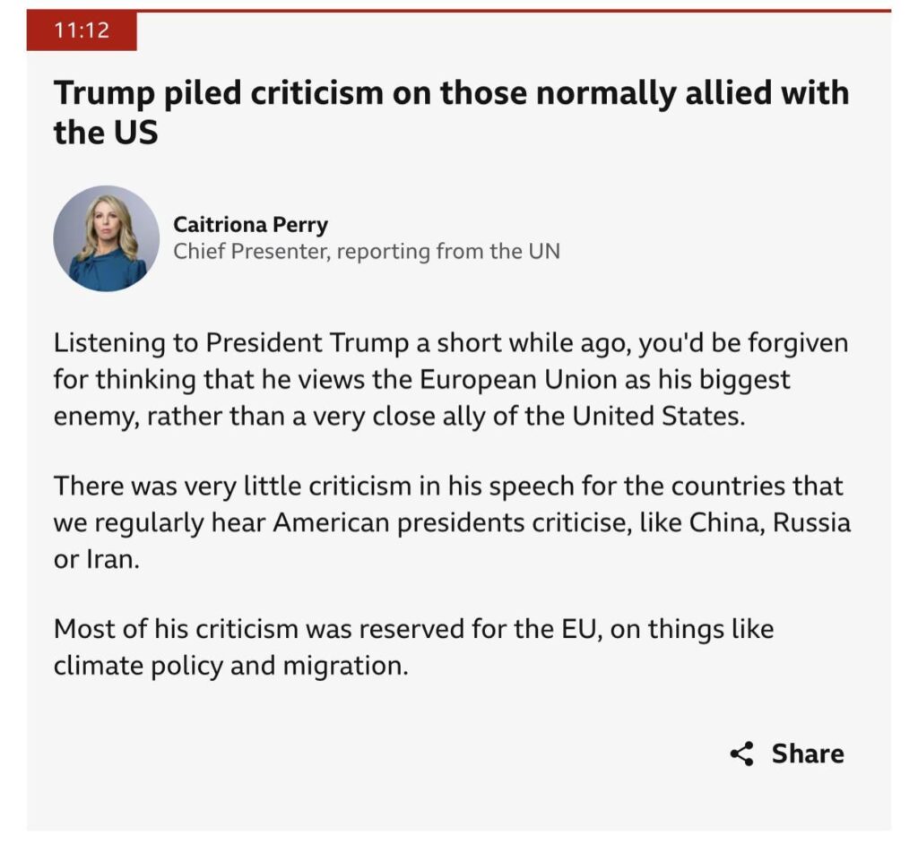 米国大統領の国連スピーチに関するBBC Liveの分析は、彼が米国の敵のようにEUをたくさん攻撃していることを確認しています