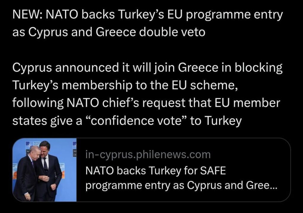キプロスは、EUの防衛スキームへのトルコの入国に対して、しっかりと立ってギリシャと参加します|ウクライナでの継続的なエスカレーションの大きな支持者であるNATOのマーク・ラッテは、トルコの入札を裏付けています -  EU加盟国の「正当な懸念」を手に入れて