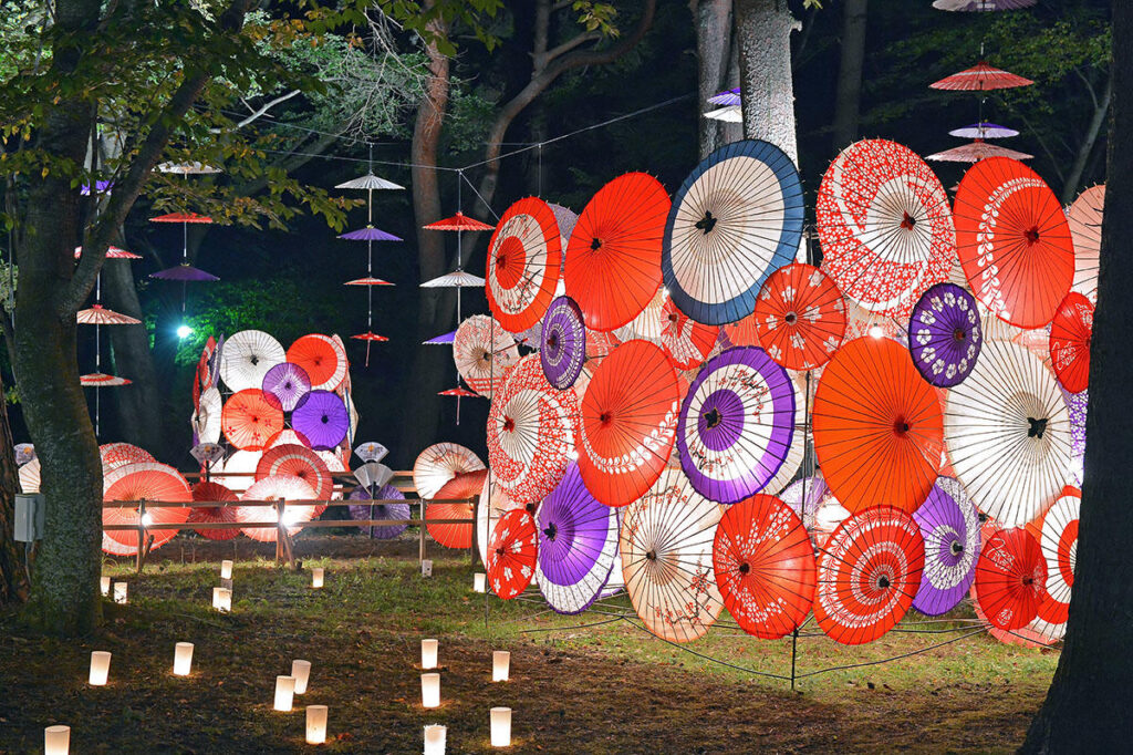 鬼怒川公園で幻想的な和傘のライトアップ「月あかり花回廊」開催！花火の打ち上げも | 夜景FANマガジン