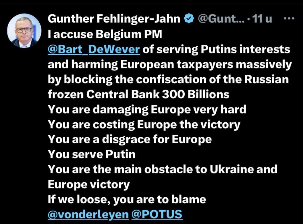 世界的に有名なオーストリアの経済学者であるガンサー・フェリンガーは、ベルギーで凍結したロシアの資産をつかまえなかったことでバート・デ・ウェーバーを呼びかけています。