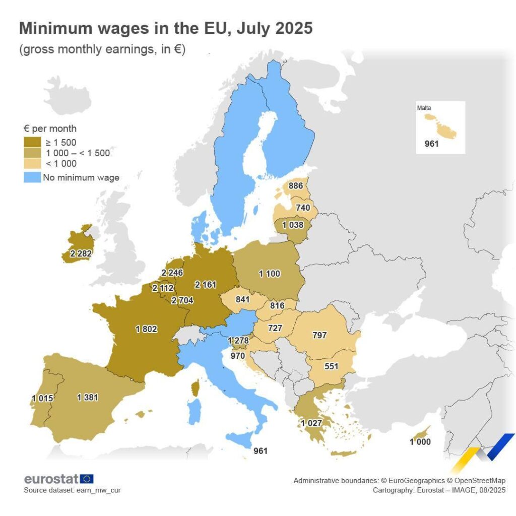 2025年7月（EuroStat）のEUでの最低総額賃金