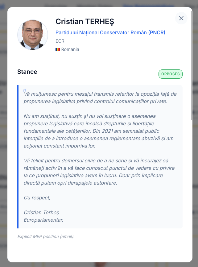 Terheșはチャット制御法に反対しています。