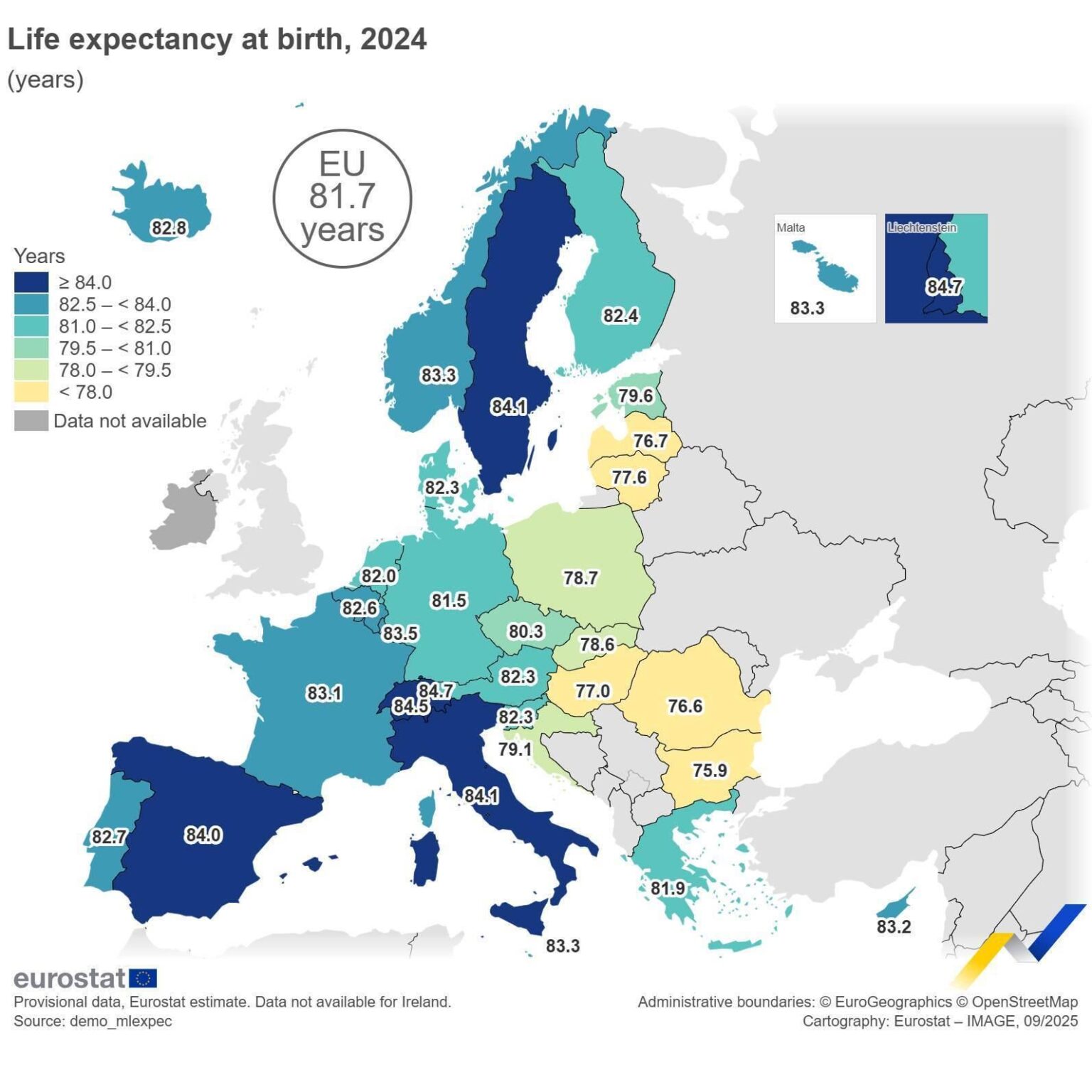最新のEUデータ、スウェーデンは現在、EU（2024）で出生時に最も高い平均余命でイタリアと結びついています