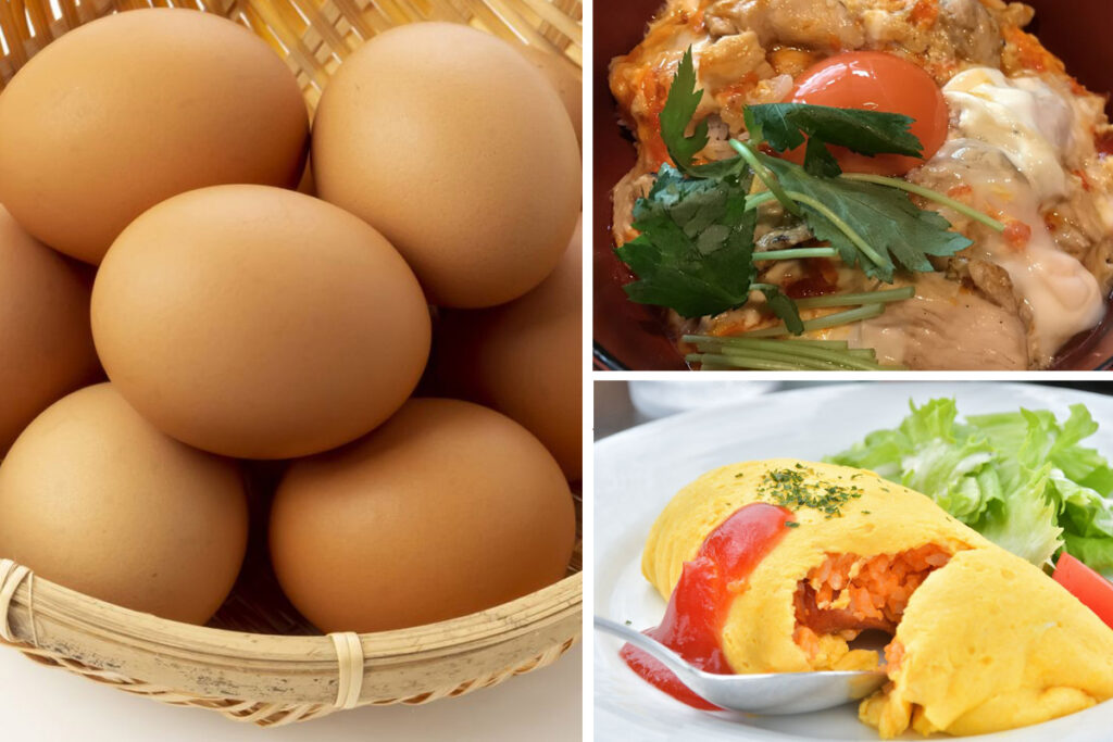 鶏卵（左）と親子丼（右上）、オムライス（右下）。いずれもイメージ