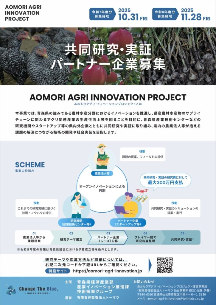 令和7年度「あおもりアグリ・イノベーションプロジェクト」共同研究・実証パートナー企業募集開始のお知らせ | あおもりアグリ ・イノベーションプロジェクト運営事務局のプレスリリース