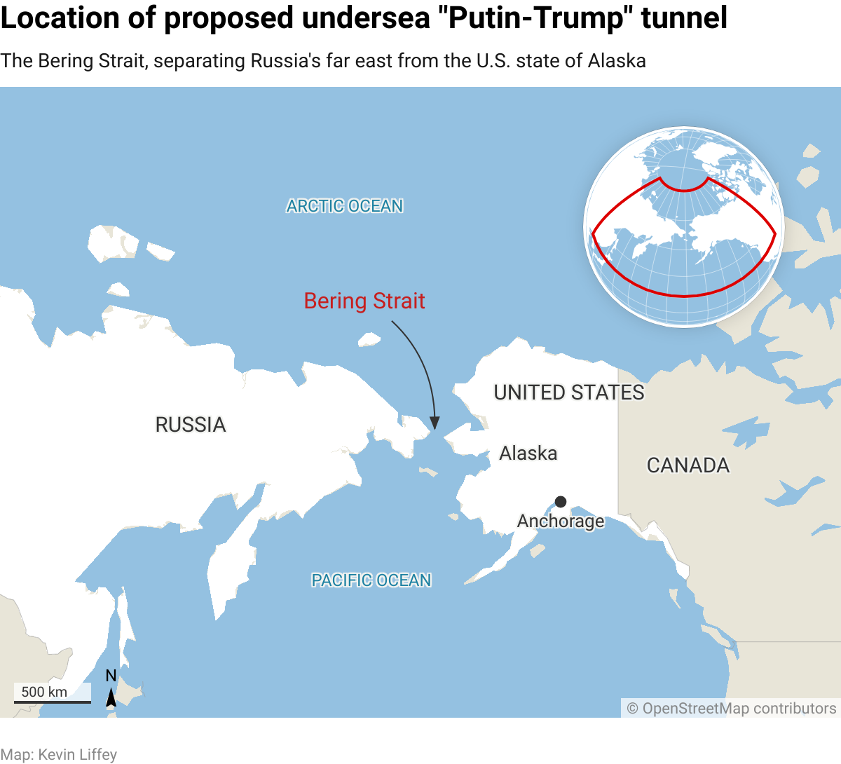 Map showing the Bering Strait separating Russia's far east from the U.S. state of Alaska