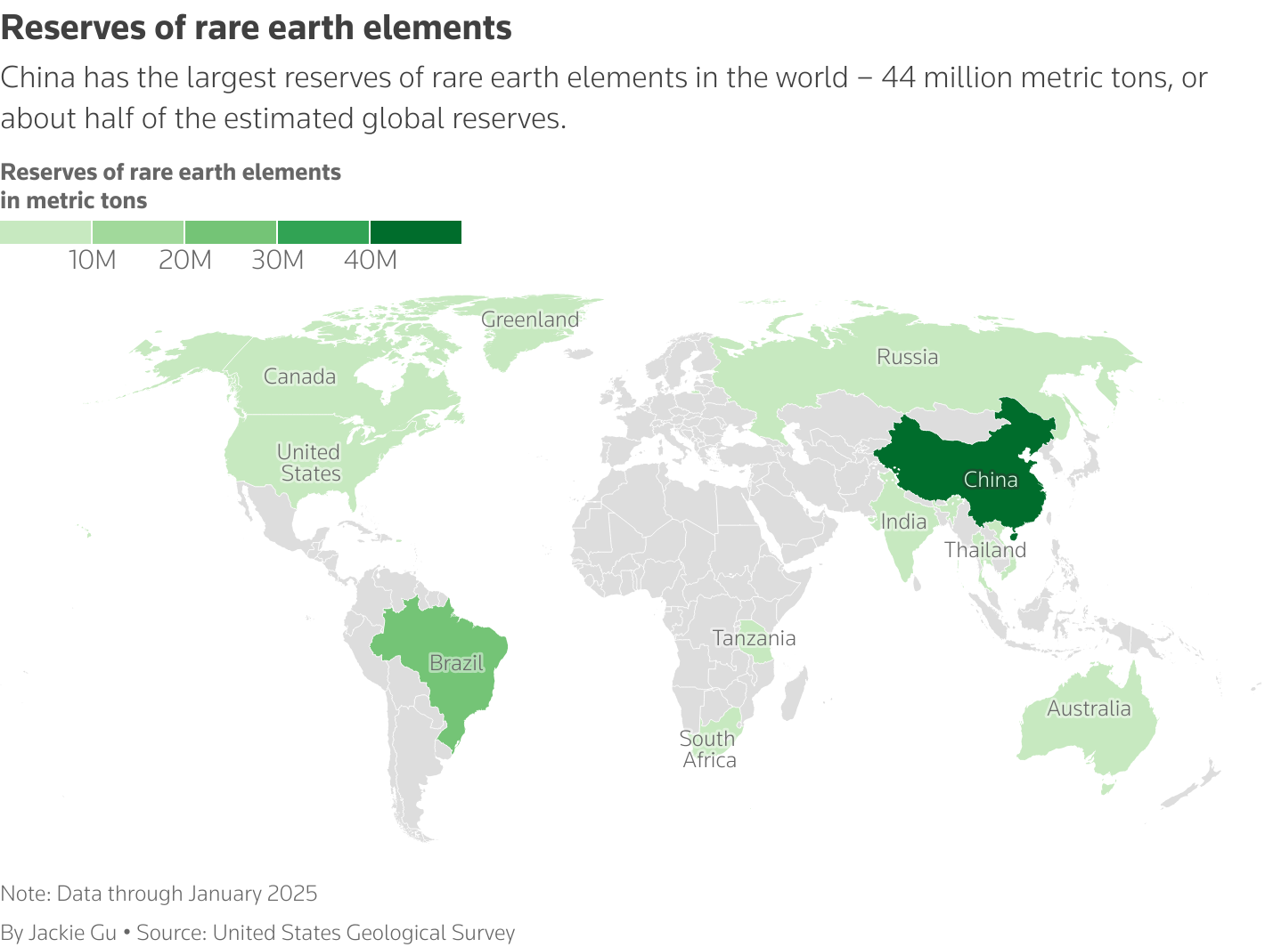 Map shows reserves of rare earth elements across the world, by country