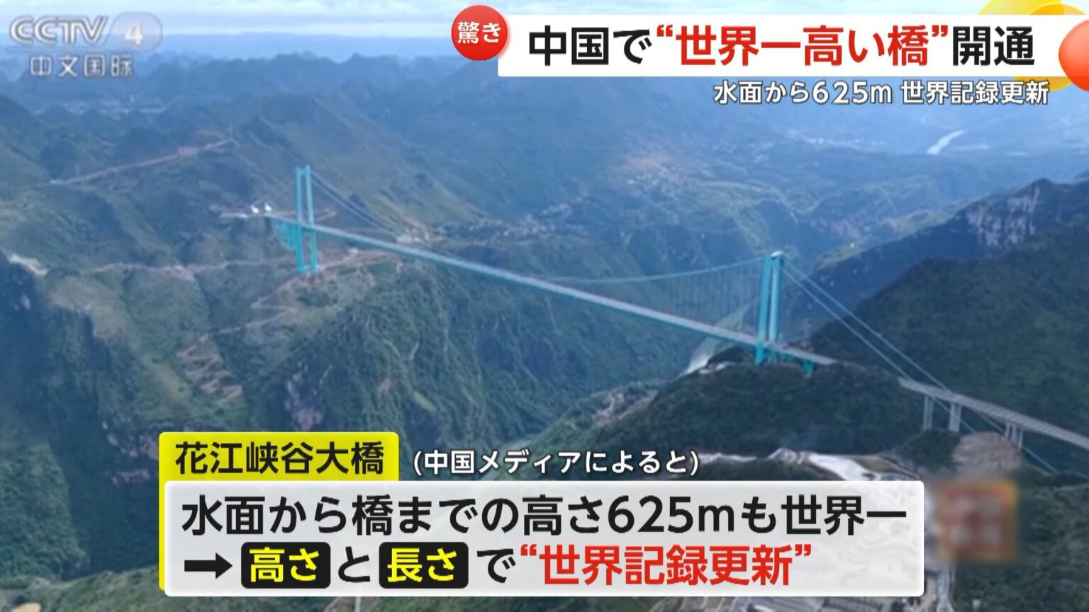 “世界一高い橋”開通…水面から625m、全長2890mで“世界記録更新” 谷越え2時間がたった2分に 新たな観光名所へ 中国・貴州省（FNNプライムオンライン） - Yahoo!ニュース