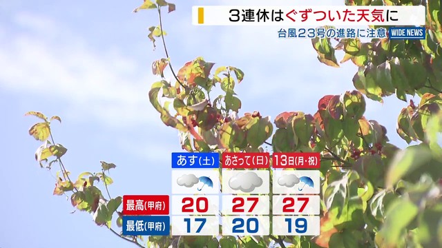 3連休はぐずついた天気に 予報には“傘マーク”も 台風23号の進路に注意 山梨（YBS山梨放送） - Yahoo!ニュース