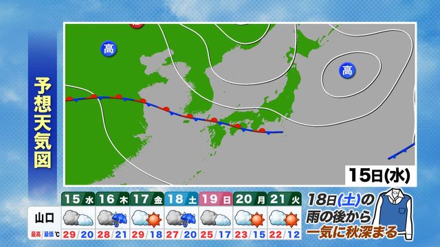 【山口天気 夕刊10/14】山口はとうとう今年100日目の真夏日…前線南下で夏は終止符の気配 週末から一気に秋深まる（ＫＲＹ山口放送） - Yahoo!ニュース - Yahoo!ニュース