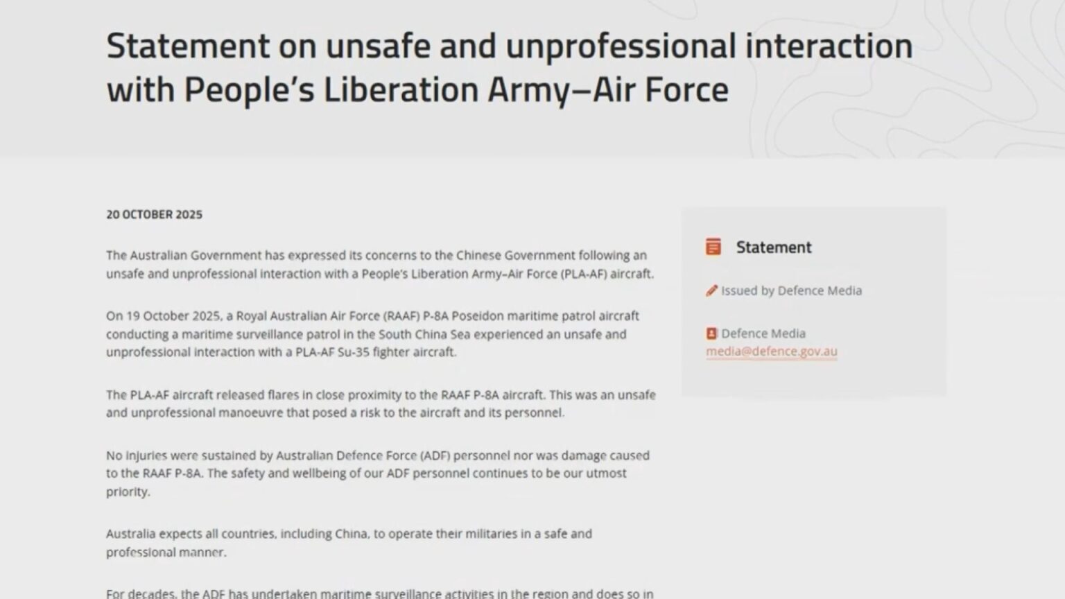 南シナ海上でオーストラリア空軍の哨戒機に中国軍の戦闘機がフレア発射　今年2度目　中国側に抗議（TBS NEWS DIG Powered by JNN）