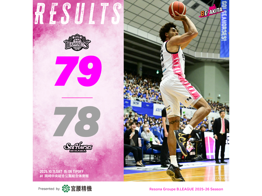 【試合結果】10/11（土）第2節 VSシーホース三河GAME1@岡崎中央総合公園総合体育館 | 秋田ノーザンハピネッツ