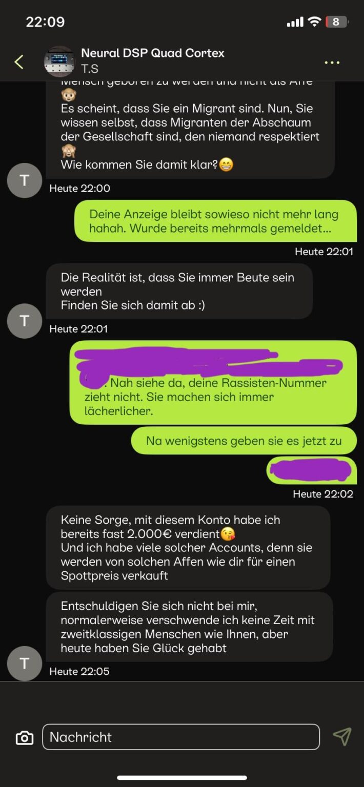 人種差別主義者のクライナンツァイゲン詐欺師が暴露され、それを認め、その後私を侮辱しました。
