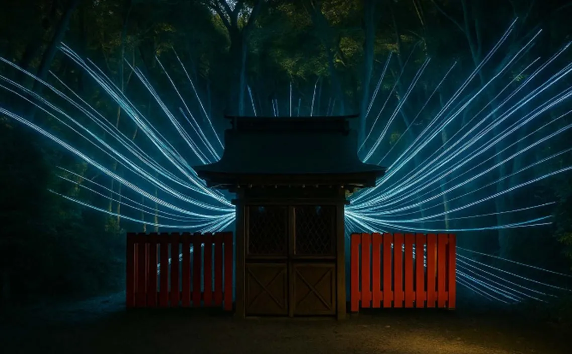 夜の森の中に建つ鳥居と、そこから放射状に広がる光の線を描いた幻想的な画像です。鳥居は伝統的な日本の建築様式を踏襲しており、赤色の柵と暗い木材で構成されています。光の線は青白く輝き、神秘的な雰囲気を醸し出しています。背景には深い緑色の木々が配置され、自然と人工的な光のコントラストが印象的です。