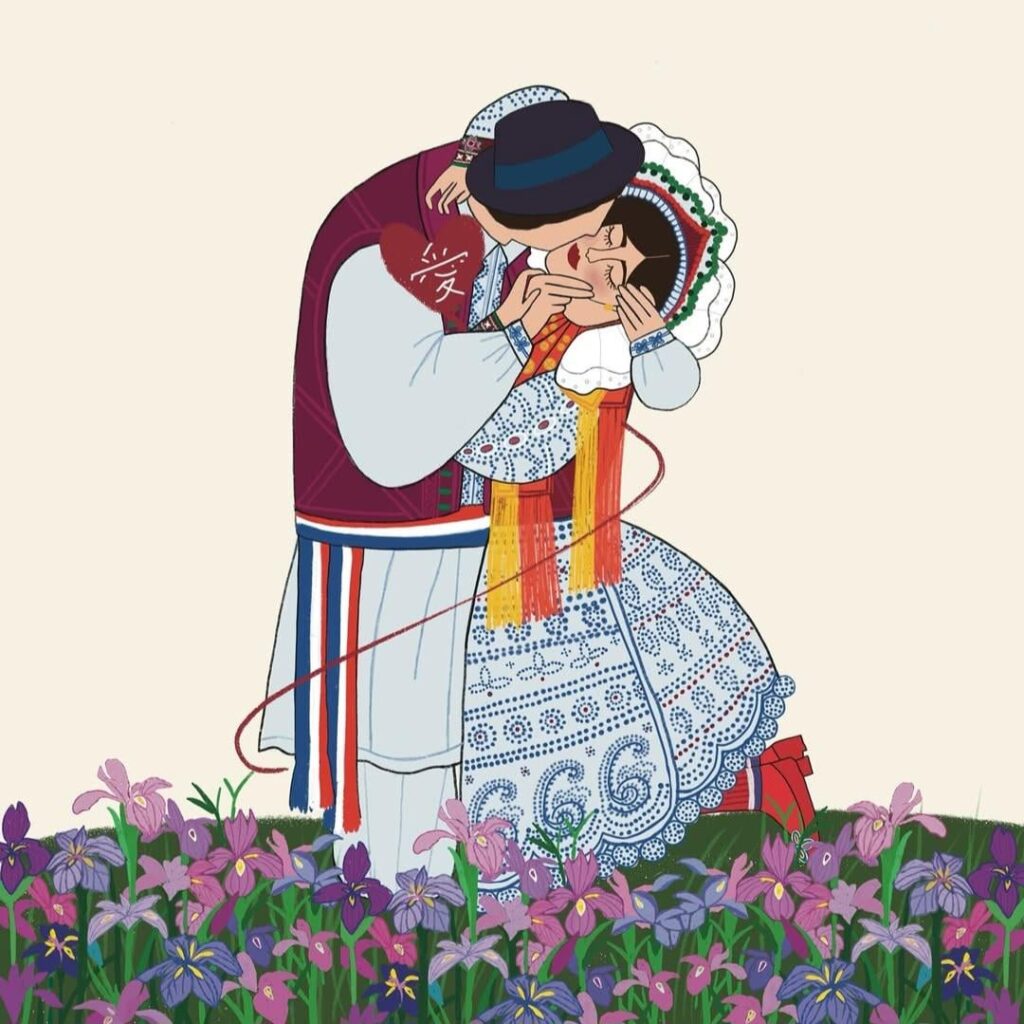 クロアチア版のクリムトの接吻、ビゾヴァツ村の衣装。インスタグラムのアーティストはsinae_artkoreaです。